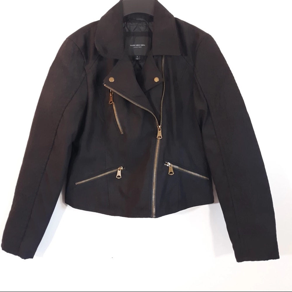 Andrew Marc Black Cropped Moto Jacket Gold Zip Quilted Lining Medium